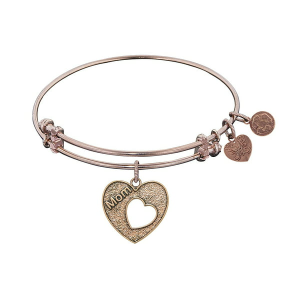 Angelica 7.25 White Stipple Finish Brass Heart with Mom and Open Heart Bangle Bracelet Adjustable 